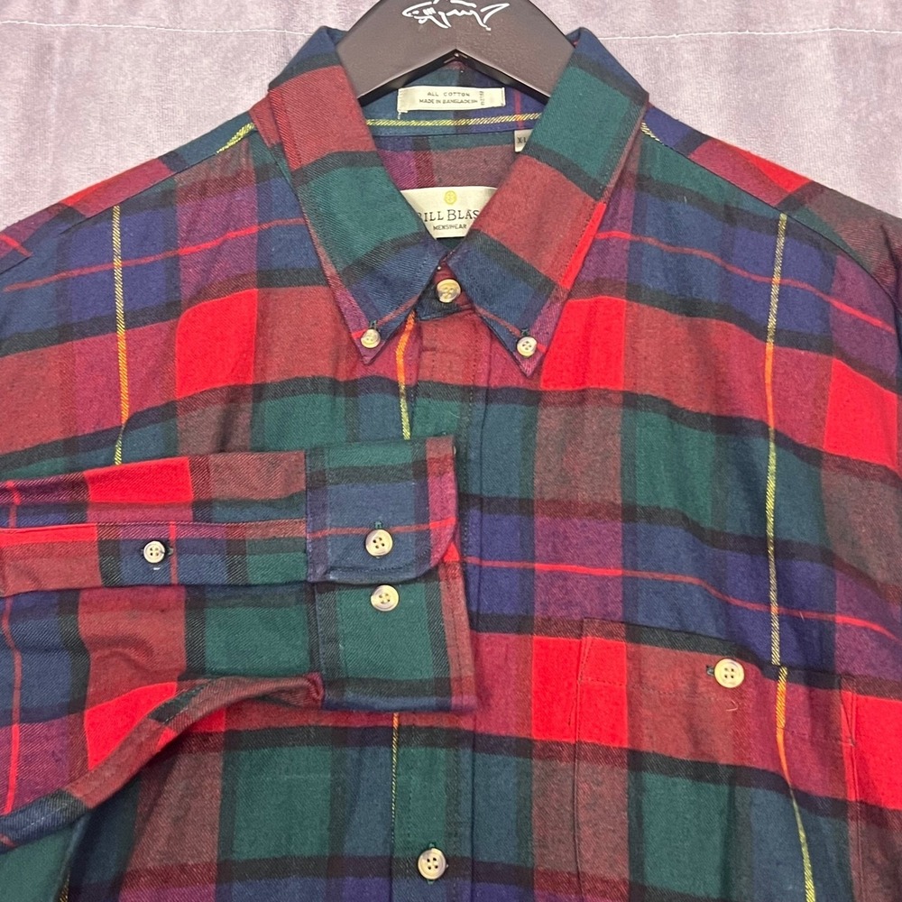 Bill Blass Button Down Shirt Mens XL Red Green Plaid Long Sleeve Cotton